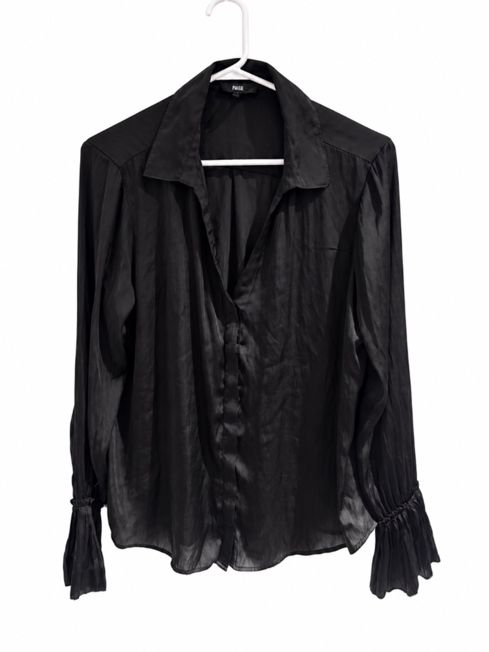 PAIGE Black Sheer Collared Blouse with Ruffle Cuffs | L